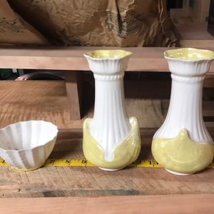 🍀Belleek iridescent yellow/gold/cream vase & bowl